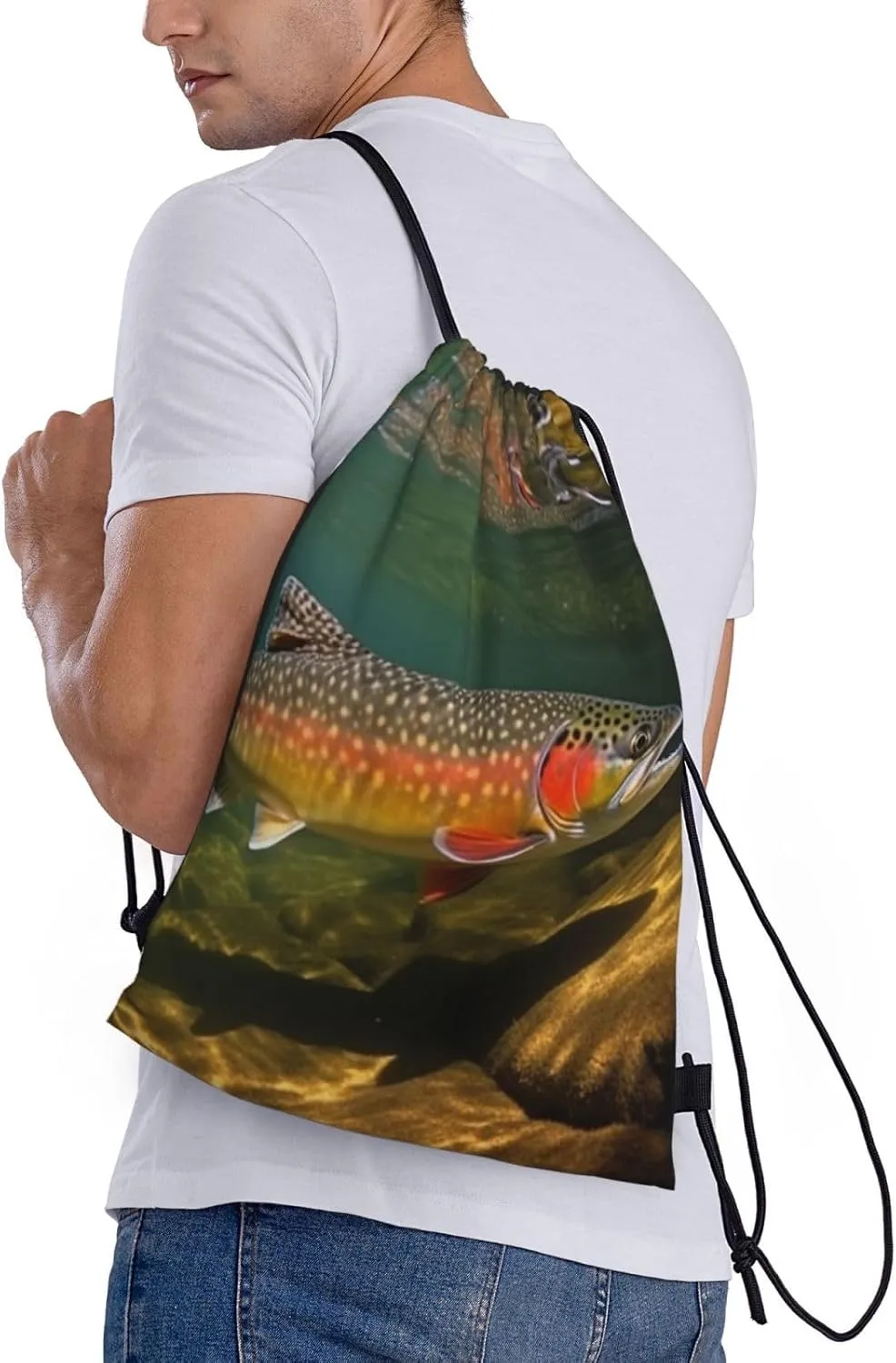 Drawstring Backpack For Men Women Brook Trout Fly Fishing String Bag Waterproof Cinch Bag Sports Gym Sackpack Small