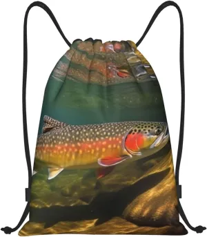 Drawstring Backpack For Men Women Brook Trout Fly Fishing String Bag Waterproof Cinch Bag Sports Gym Sackpack Small