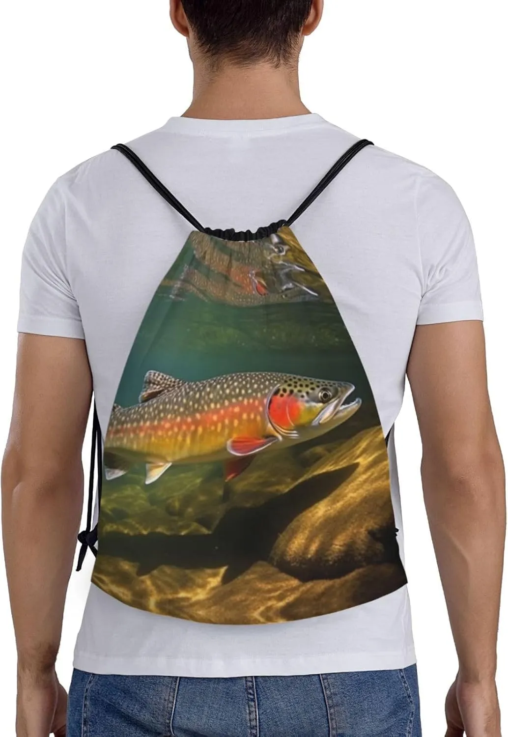 Drawstring Backpack For Men Women Brook Trout Fly Fishing String Bag Waterproof Cinch Bag Sports Gym Sackpack Small