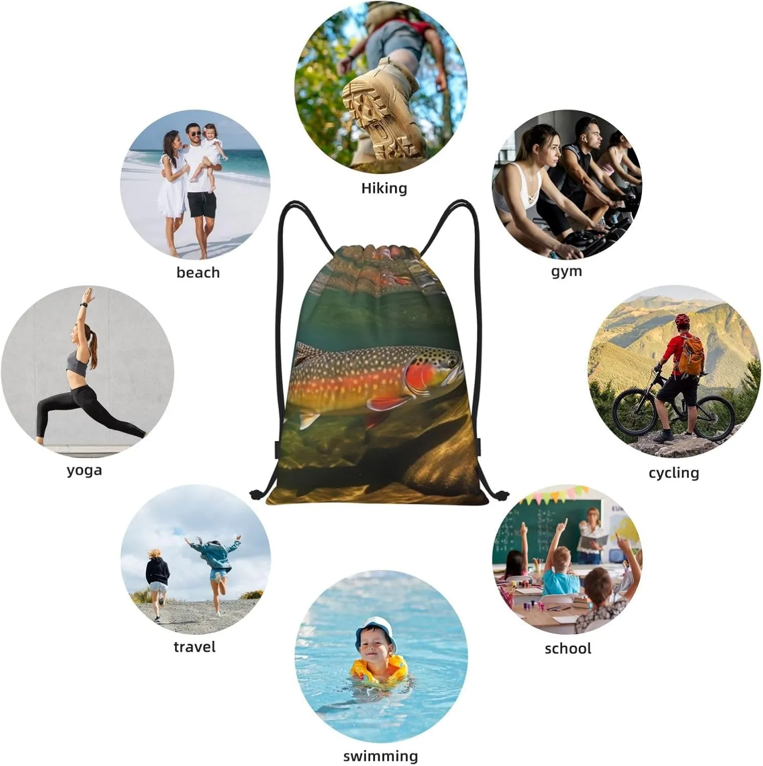 Drawstring Backpack For Men Women Brook Trout Fly Fishing String Bag Waterproof Cinch Bag Sports Gym Sackpack Small