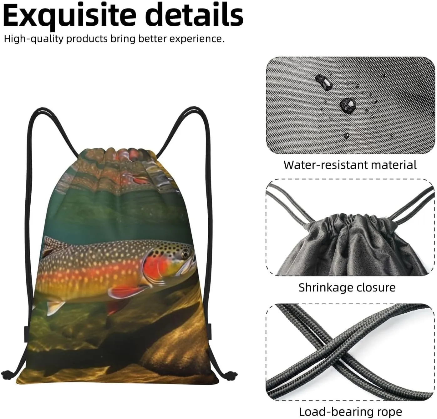 Drawstring Backpack For Men Women Brook Trout Fly Fishing String Bag Waterproof Cinch Bag Sports Gym Sackpack Small