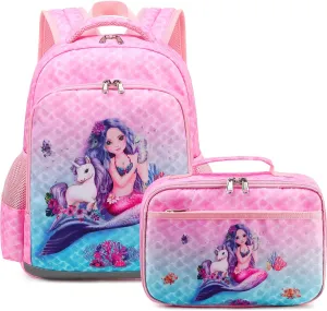 DSIUE Kids School Backpack for Girls, Preschool Backpack Kindergarten Bookbag Girls School Bag with Chest Strap and Lunchbox