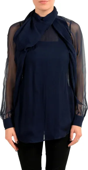DSQUARED2 Women's 100% Silk Scarf Imitation Long Sleeve Blouse Top US M IT 42 Blue