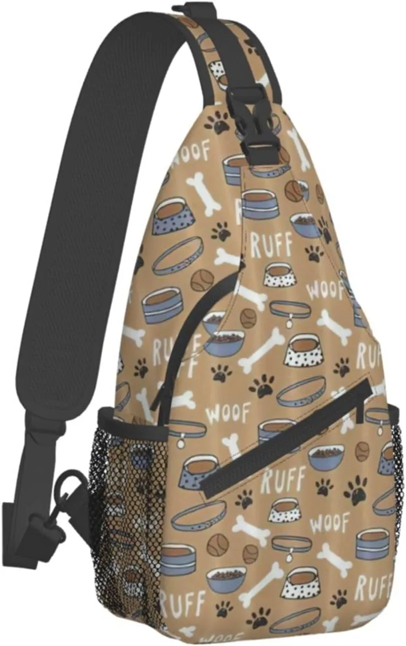 Durable Adjustable Outdoor Hiking Cute Dog Bone Bowl Woof Paw Print Cross Chest Bag Diagonally Single Shoulder Backpack