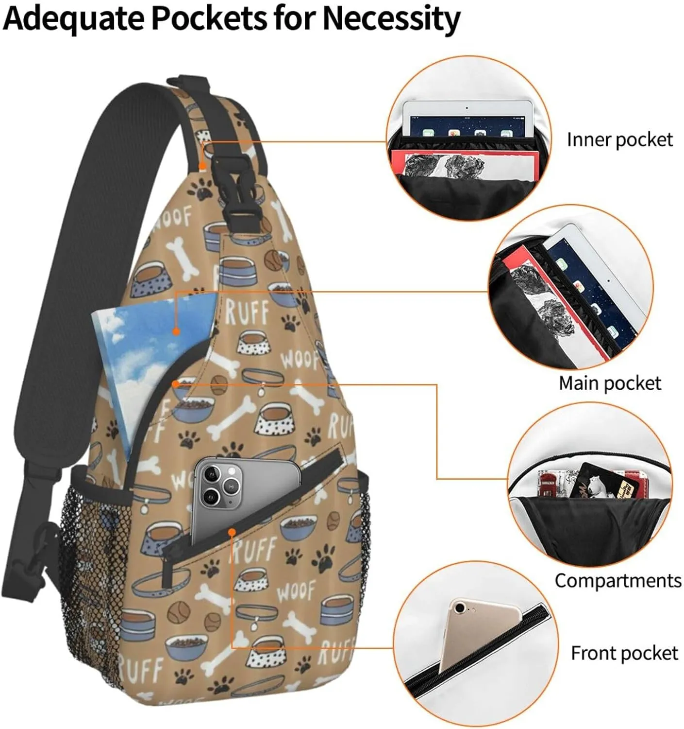 Durable Adjustable Outdoor Hiking Cute Dog Bone Bowl Woof Paw Print Cross Chest Bag Diagonally Single Shoulder Backpack