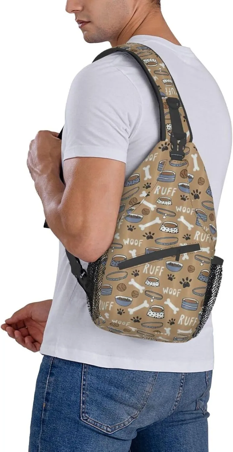 Durable Adjustable Outdoor Hiking Cute Dog Bone Bowl Woof Paw Print Cross Chest Bag Diagonally Single Shoulder Backpack
