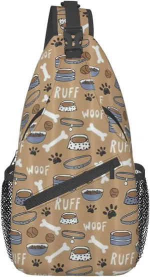 Durable Adjustable Outdoor Hiking Cute Dog Bone Bowl Woof Paw Print Cross Chest Bag Diagonally Single Shoulder Backpack