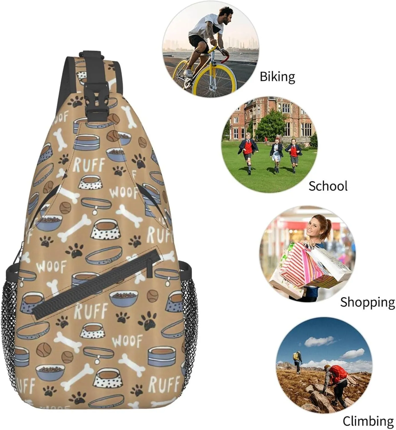 Durable Adjustable Outdoor Hiking Cute Dog Bone Bowl Woof Paw Print Cross Chest Bag Diagonally Single Shoulder Backpack