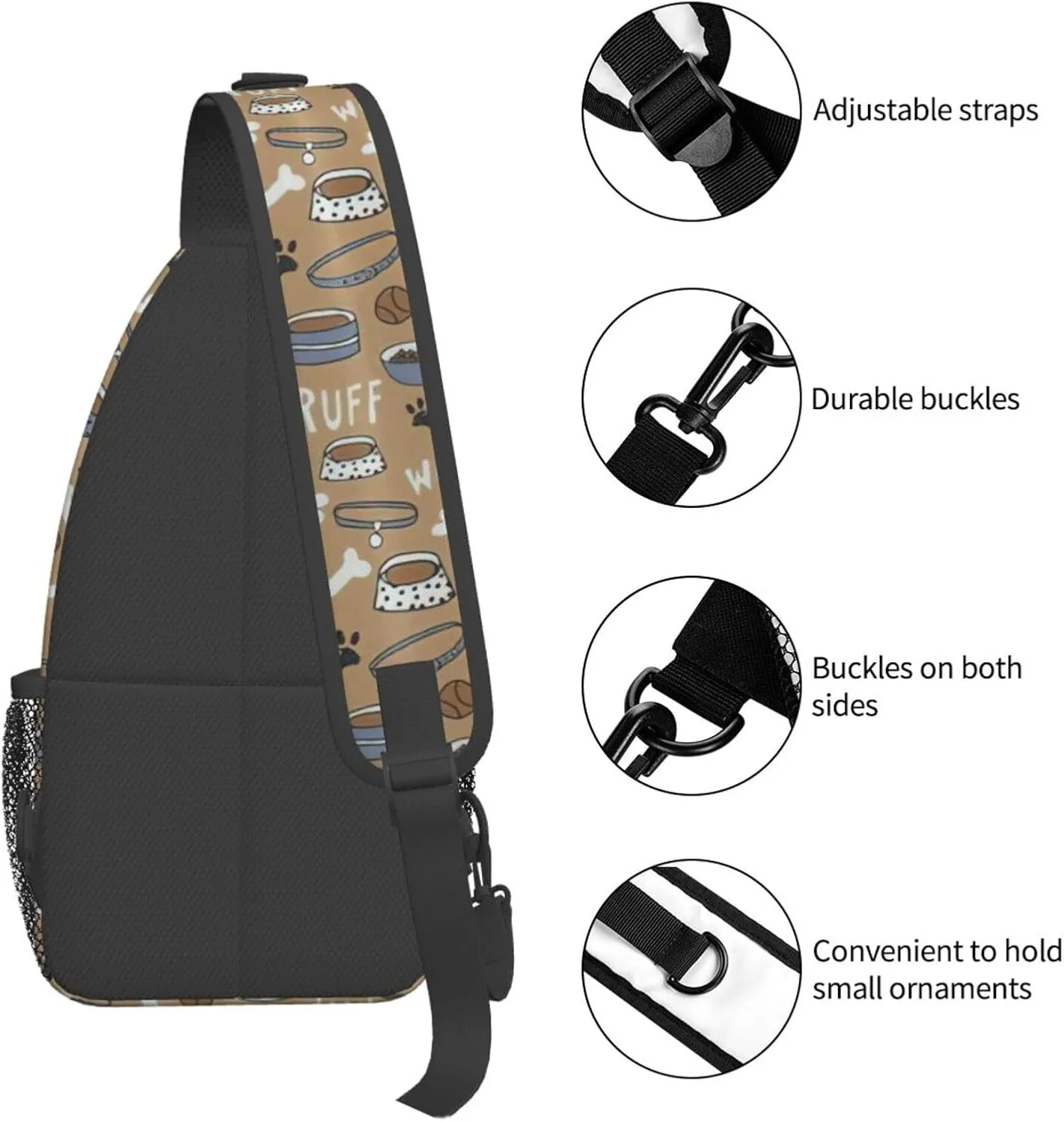 Durable Adjustable Outdoor Hiking Cute Dog Bone Bowl Woof Paw Print Cross Chest Bag Diagonally Single Shoulder Backpack