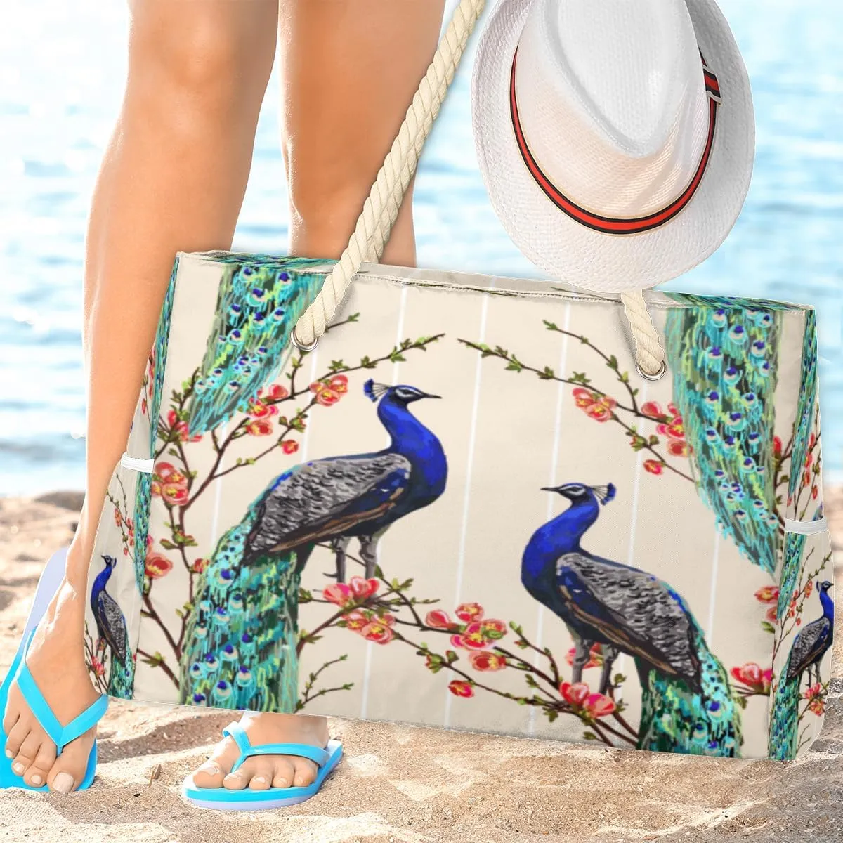 Elegant Flamingo Beach Bags for Women Large Beach Tote with Zipper Waterproof Travel Sandproof Shoulder Pool Bag