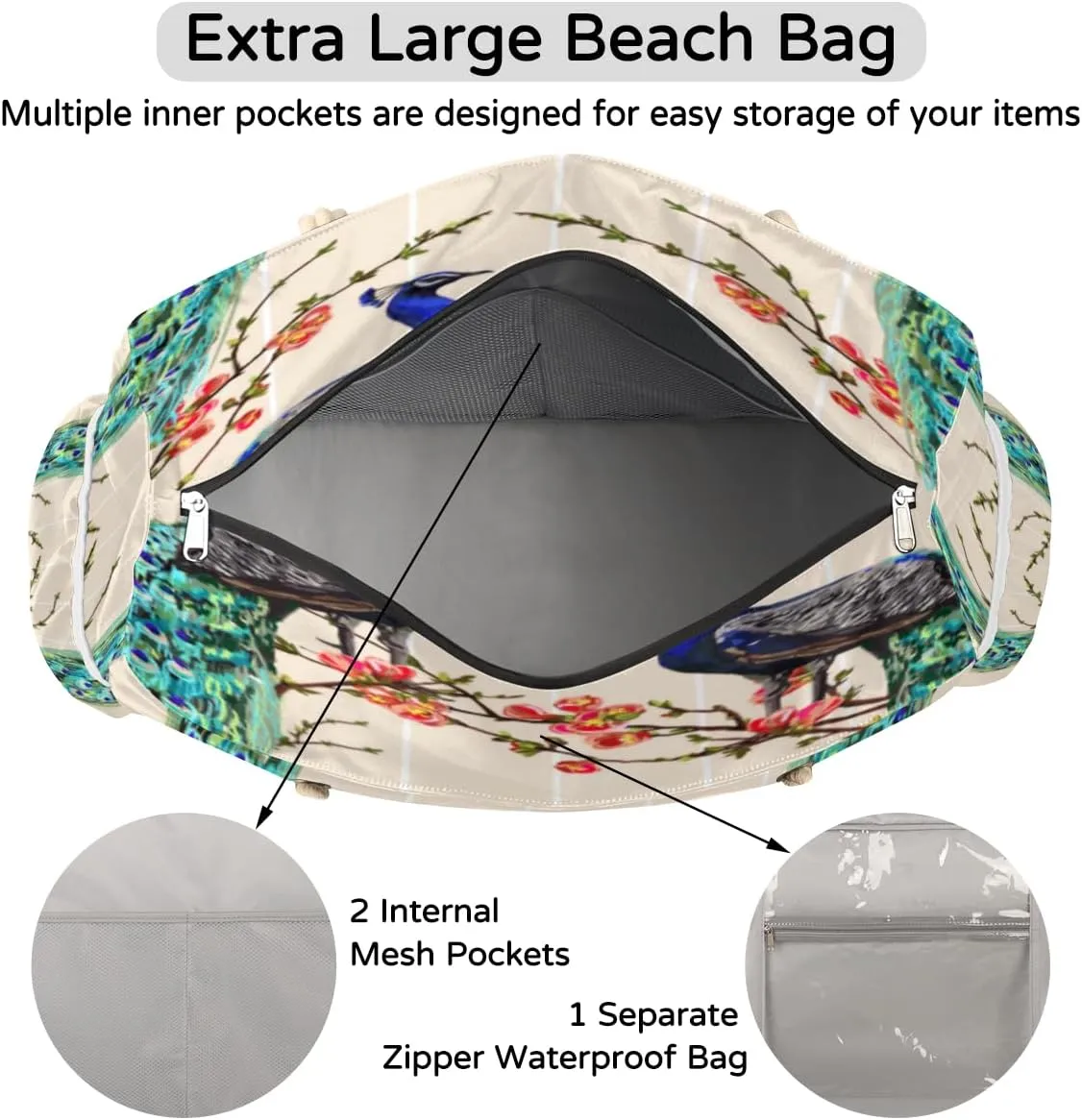 Elegant Flamingo Beach Bags for Women Large Beach Tote with Zipper Waterproof Travel Sandproof Shoulder Pool Bag