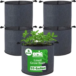 Epic Gardening 5 Pack 25 Gallon Grow Bags with Handles (Lined) - Heavy Duty Fabric Pots for Vegetables, Herbs & Flowers - Breathable Cloth Planters for Indoor & Outdoor Gardening, Moisture Retaining