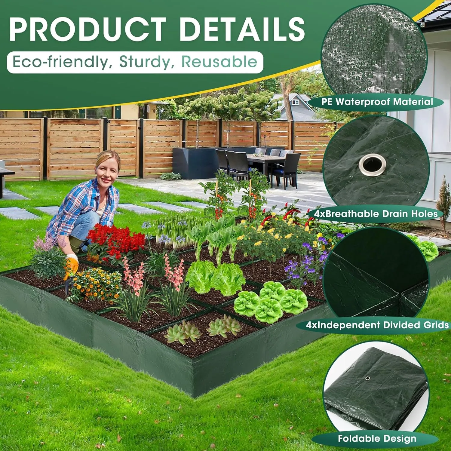 Fabric Raised Garden Bed, 3 Pack 4 Grids Plant Grow Bags, 2x2x0.82FT Breathable Planter Raised Beds for Growing Vegetables Potatoes Flowers, Rectangle Planting Container for Outdoor Gardening.