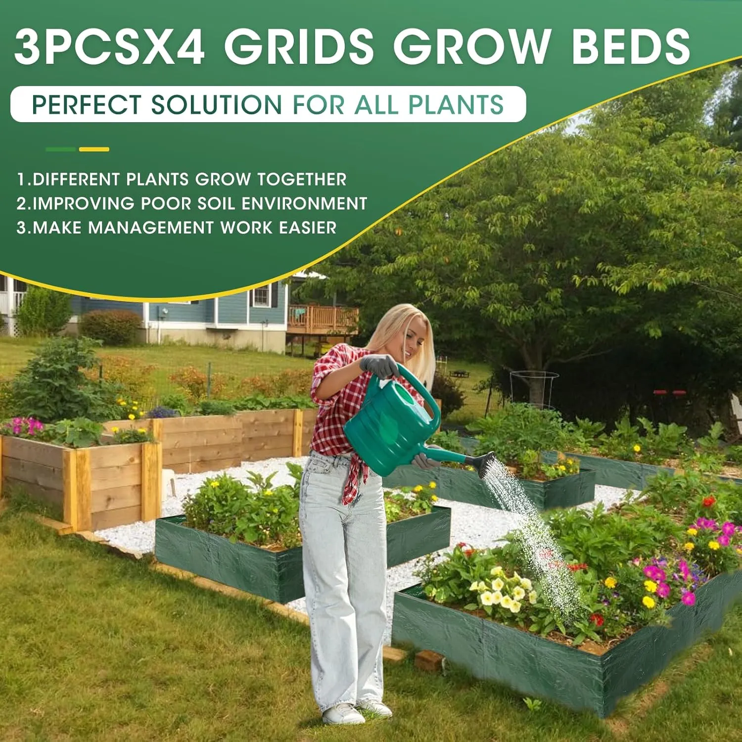 Fabric Raised Garden Bed, 3 Pack 4 Grids Plant Grow Bags, 2x2x0.82FT Breathable Planter Raised Beds for Growing Vegetables Potatoes Flowers, Rectangle Planting Container for Outdoor Gardening.