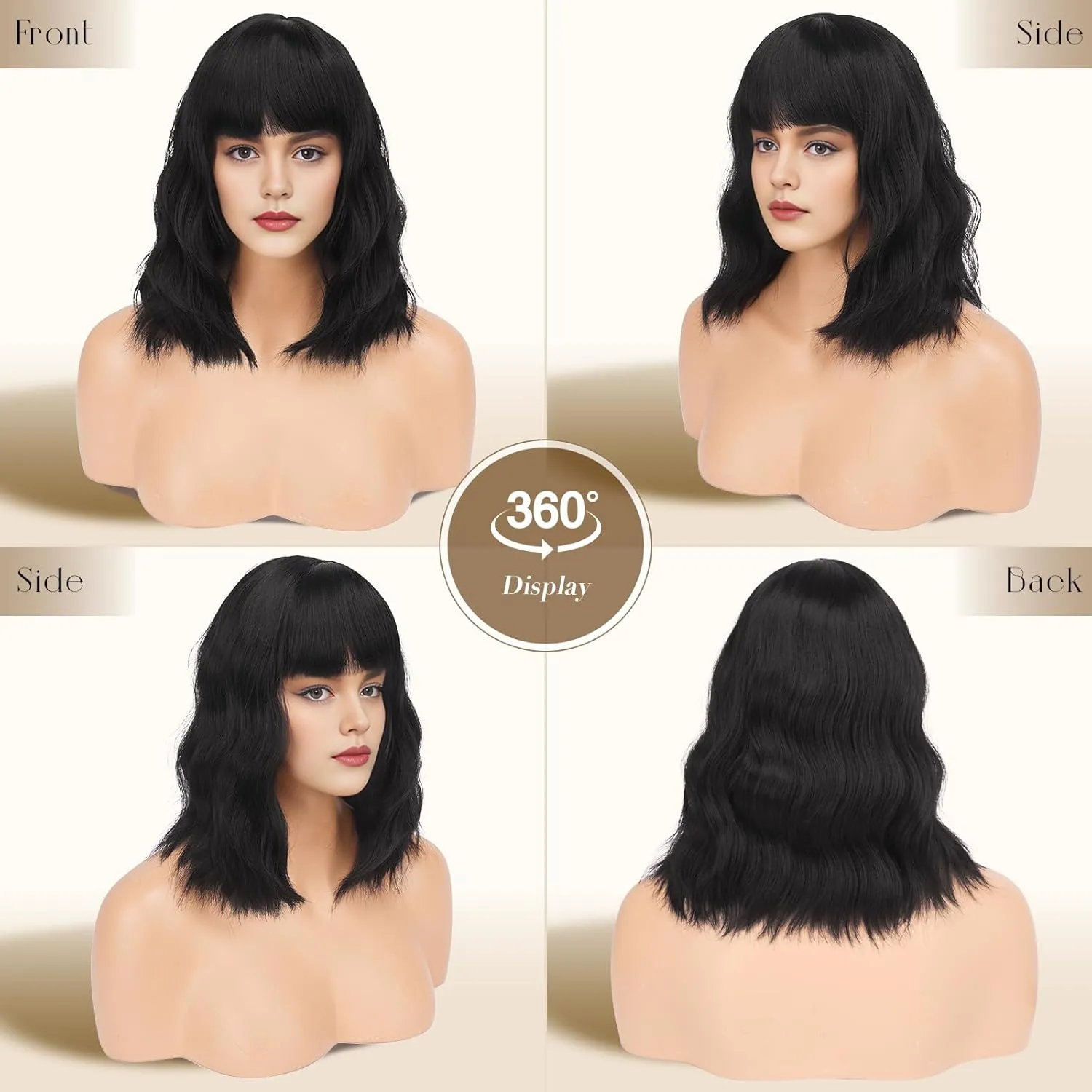FESHFEN Black Bob Wavy Wig with Bangs, Shoulder Length Synthetic Short Hair Wig for Women Natural Looking Wigs for Party Daily, 14 inch