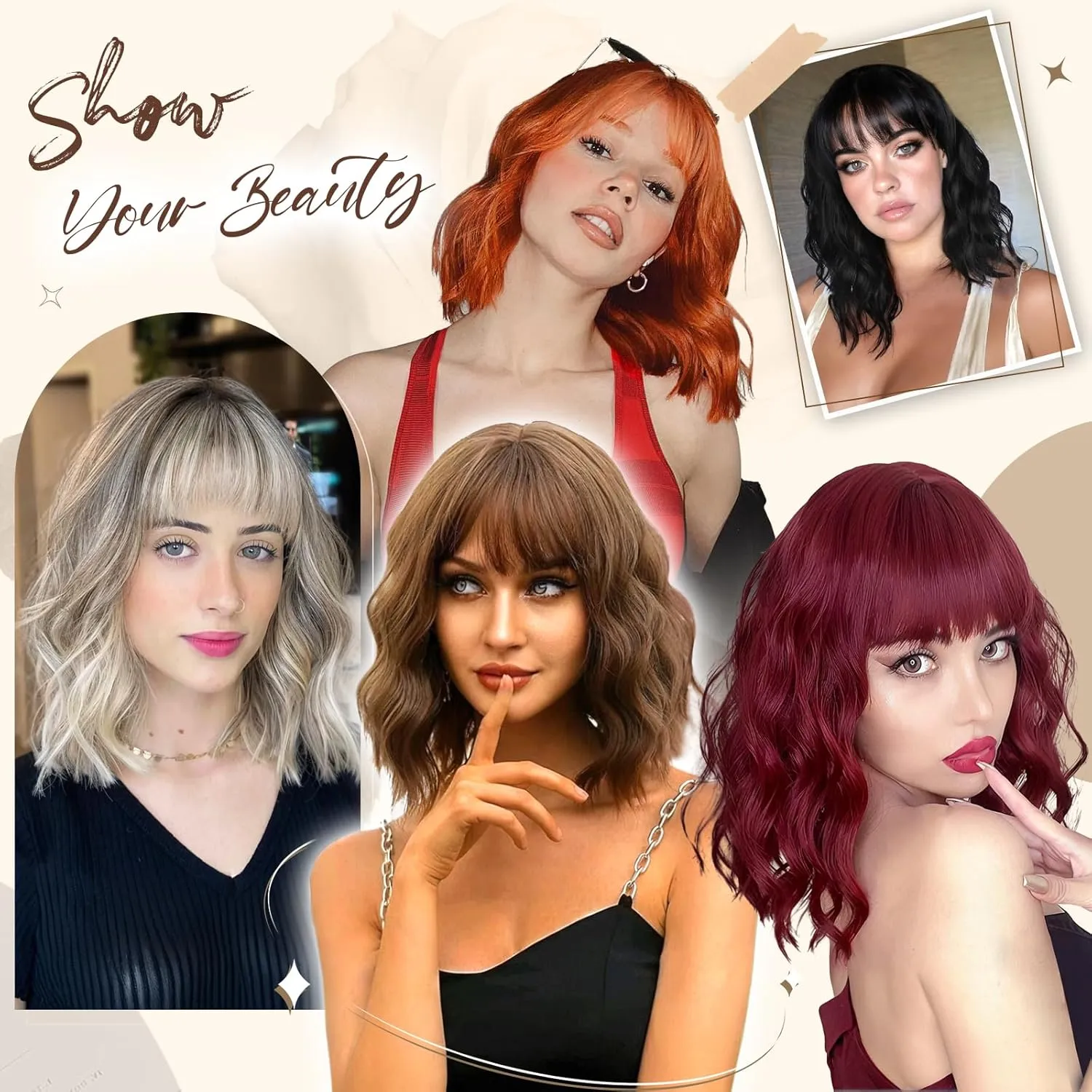 FESHFEN Black Bob Wavy Wig with Bangs, Shoulder Length Synthetic Short Hair Wig for Women Natural Looking Wigs for Party Daily, 14 inch