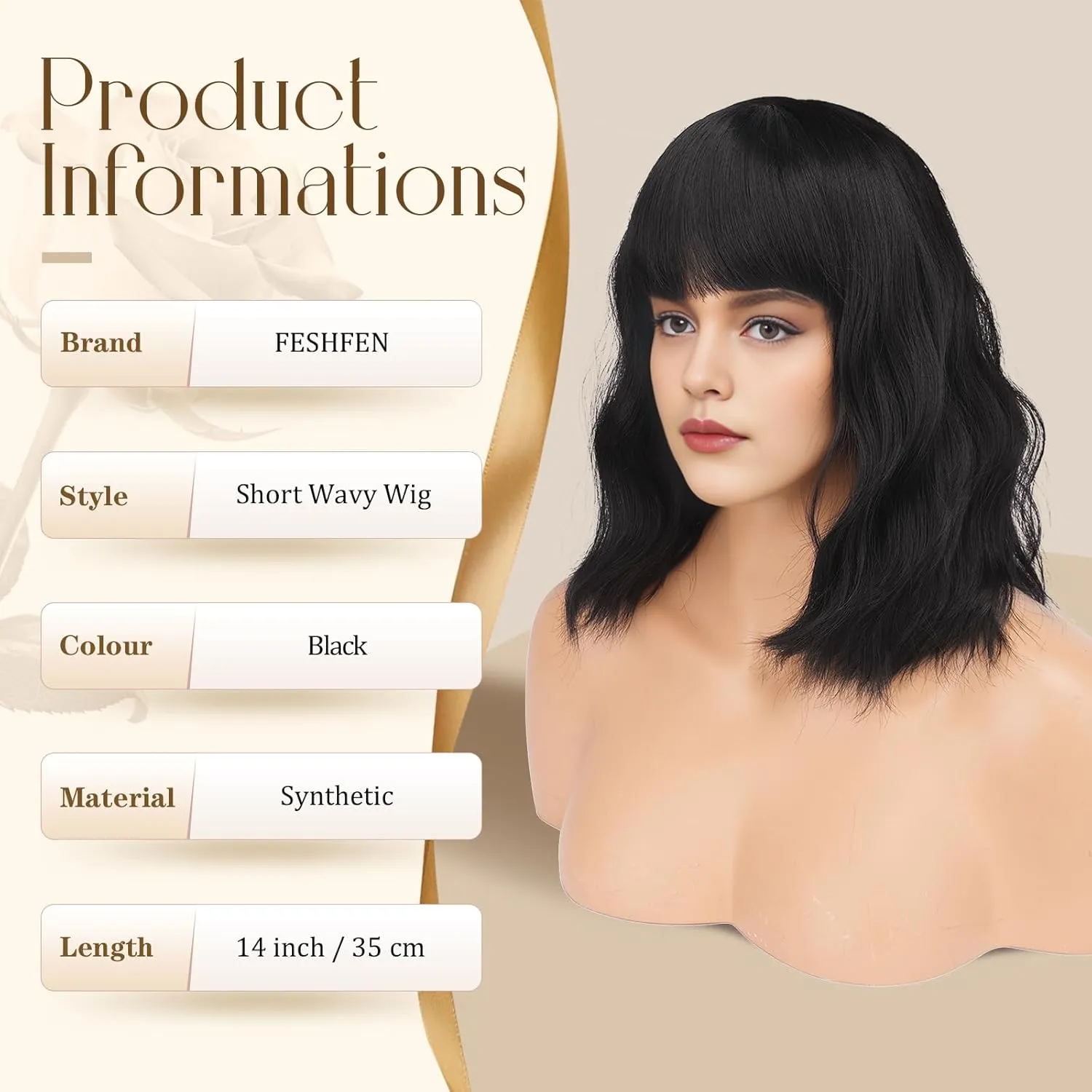 FESHFEN Black Bob Wavy Wig with Bangs, Shoulder Length Synthetic Short Hair Wig for Women Natural Looking Wigs for Party Daily, 14 inch