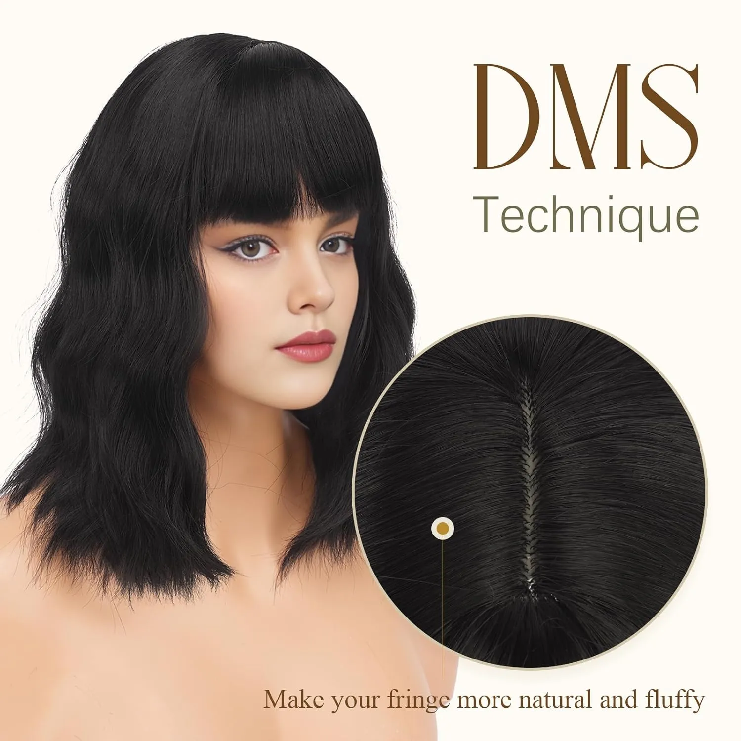 FESHFEN Black Bob Wavy Wig with Bangs, Shoulder Length Synthetic Short Hair Wig for Women Natural Looking Wigs for Party Daily, 14 inch