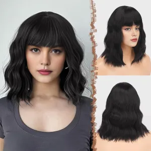FESHFEN Black Bob Wavy Wig with Bangs, Shoulder Length Synthetic Short Hair Wig for Women Natural Looking Wigs for Party Daily, 14 inch