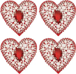 FINGERINSPIRE 4 PCS Heart Beaded Patch 2.7x2.7inch Glass Rhinestone Red Crystal Sew On Patches Heart Shape Pearl Beaded Embroidery Patches Applique for Jeans Handbag Shoes Clothing DIY Decorations