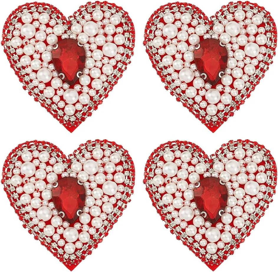 FINGERINSPIRE 4 PCS Heart Beaded Patch 2.7x2.7inch Glass Rhinestone Red Crystal Sew On Patches Heart Shape Pearl Beaded Embroidery Patches Applique for Jeans Handbag Shoes Clothing DIY Decorations