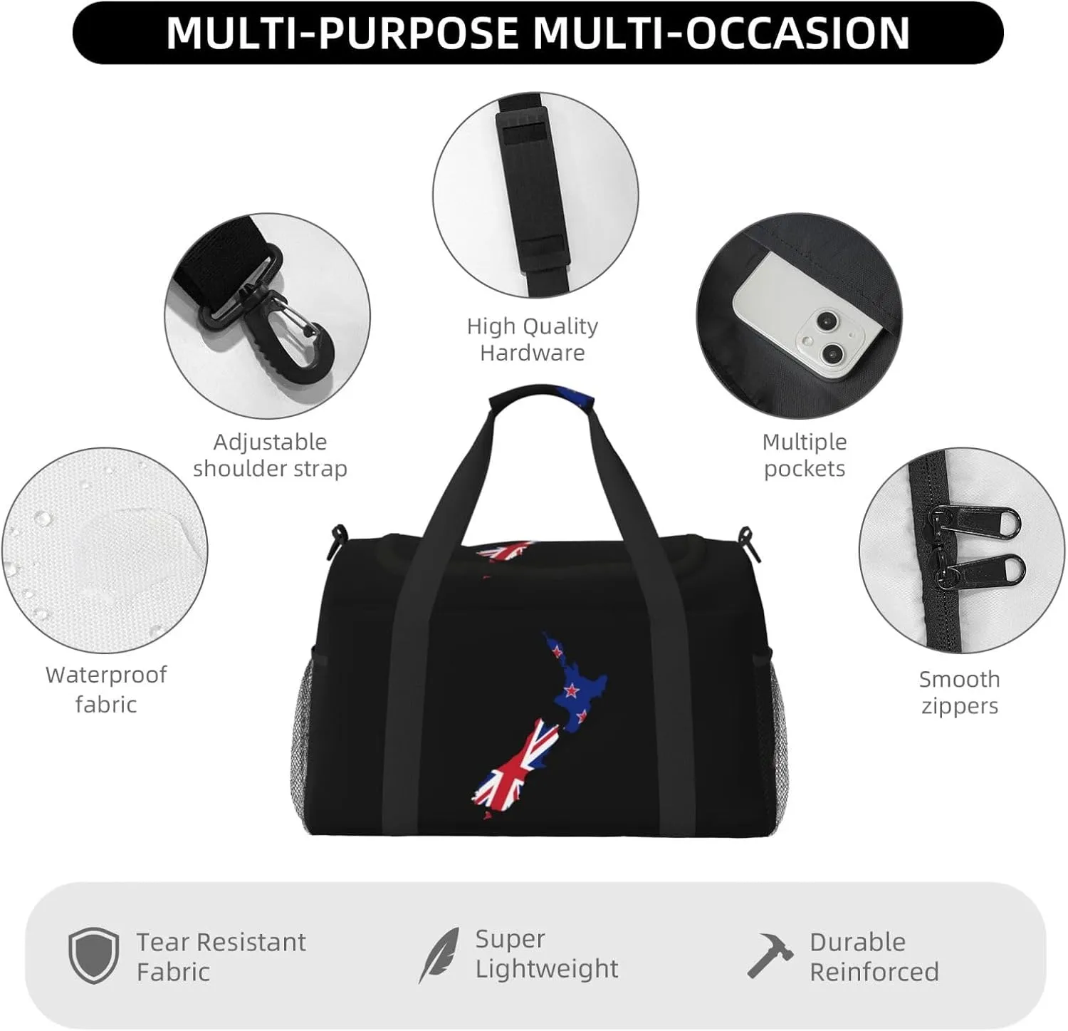 Flag Map Of New Zealand Travel Duffel Bag Large Foldable Waterproof Overnight Bag For Beach Swim Bags Pool Sports Gym