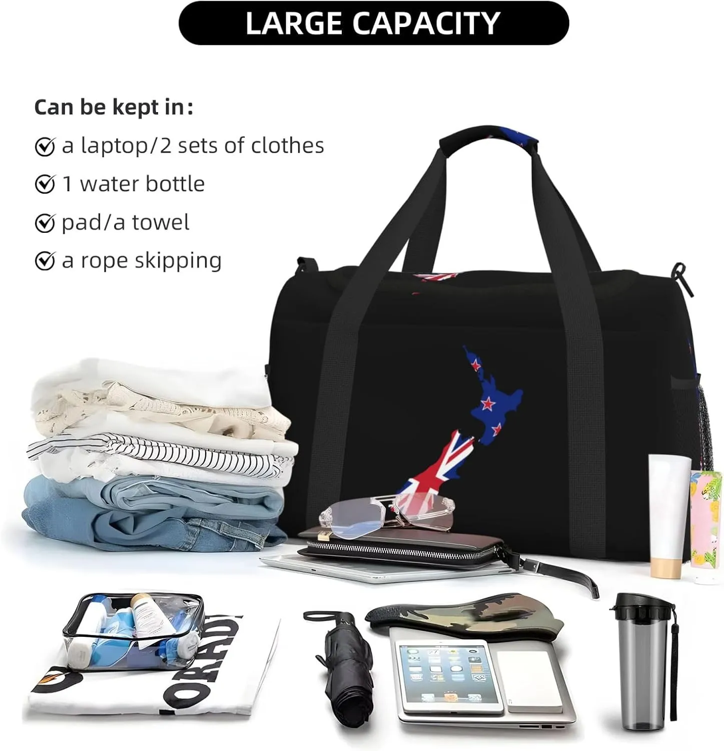 Flag Map Of New Zealand Travel Duffel Bag Large Foldable Waterproof Overnight Bag For Beach Swim Bags Pool Sports Gym