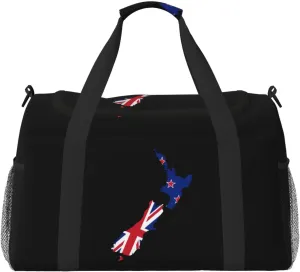 Flag Map Of New Zealand Travel Duffel Bag Large Foldable Waterproof Overnight Bag For Beach Swim Bags Pool Sports Gym
