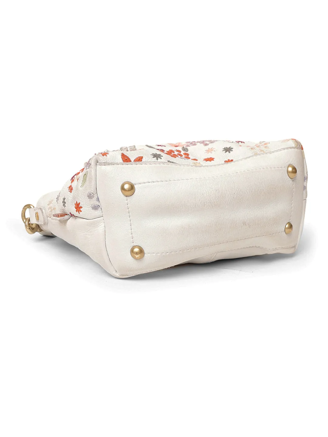 Floral Bliss: White Leather Mini Tote bag with Flower Embroidery
