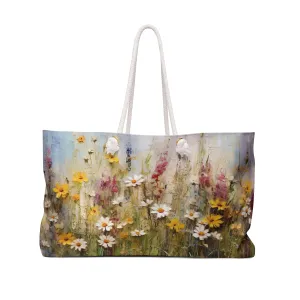 Floral Symphony: Weekender Tote | Blushing Blooms Vivid Blossoming Colorful Wild Flowers | Canvas Travel Overnight Beach Pool Shoulder Bag 24" × 13"