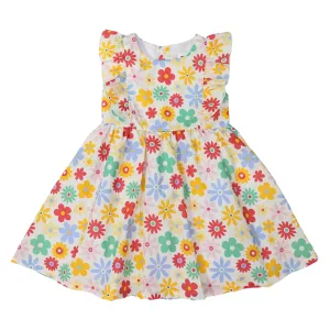 Flower Print Woven Frill Dress Cream