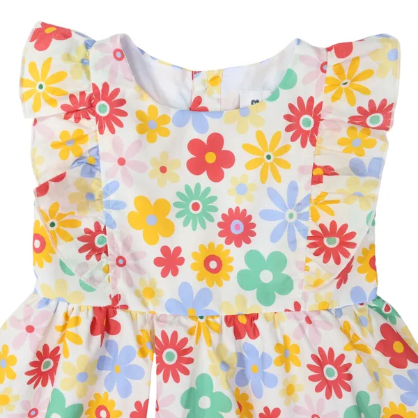 Flower Print Woven Frill Dress Cream