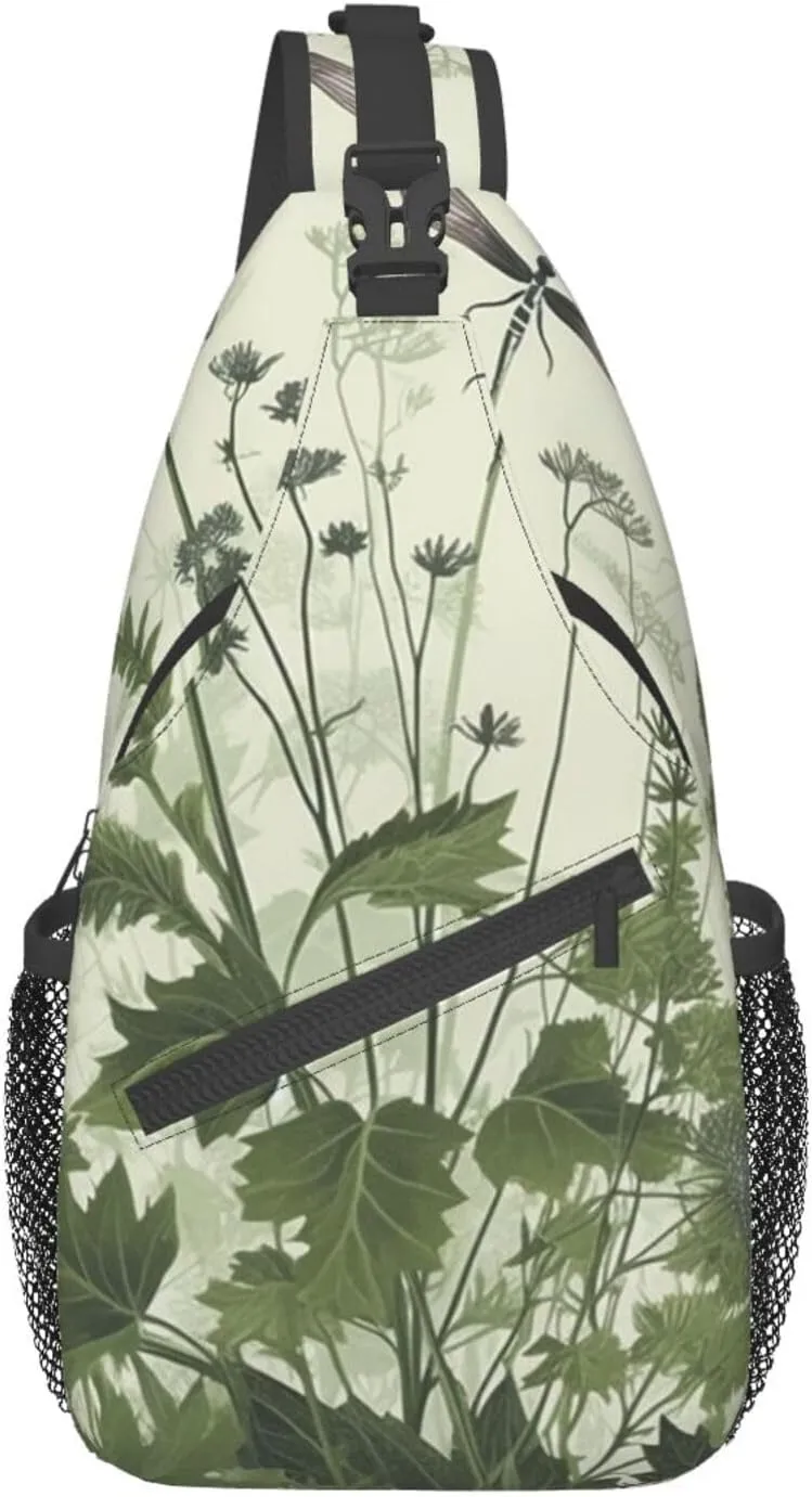 Foliage and Herbs with Dragonflies Winged Cross Chest Bag Diagonally Crossbody Shoulder Bag Travel Backpack Sling Bag for Women Men