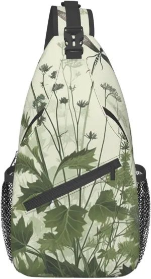 Foliage and Herbs with Dragonflies Winged Cross Chest Bag Diagonally Crossbody Shoulder Bag Travel Backpack Sling Bag for Women Men