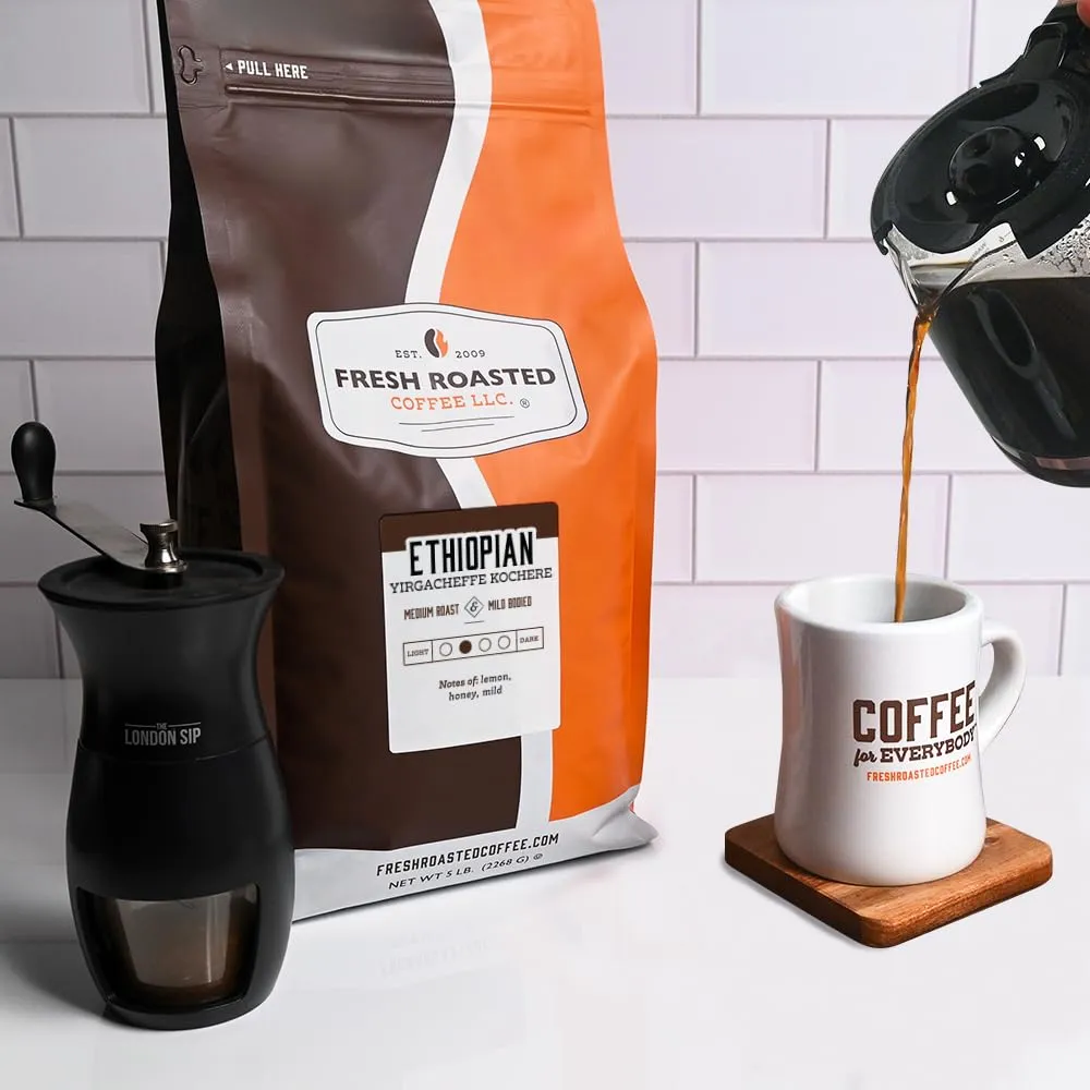Fresh Roasted Coffee, Ethiopian Yirgacheffe Kochere, 5 lb (80 oz), Medium Roast, Kosher, Whole Bean