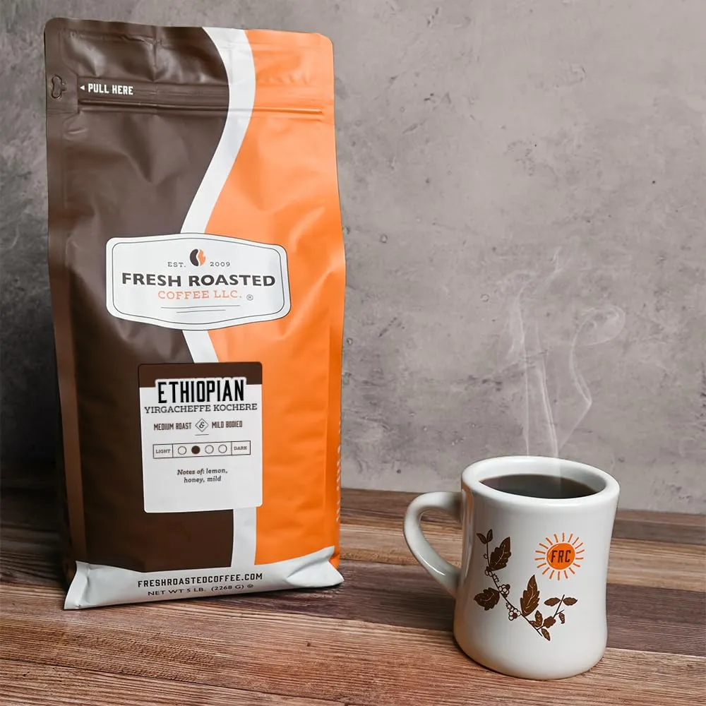 Fresh Roasted Coffee, Ethiopian Yirgacheffe Kochere, 5 lb (80 oz), Medium Roast, Kosher, Whole Bean