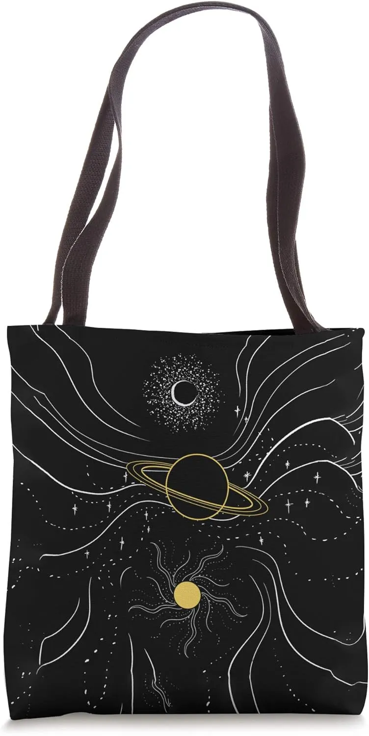 Galaxy Moon Saturn Sun Minimal Outer Space Line Art Gift Tote Bag
