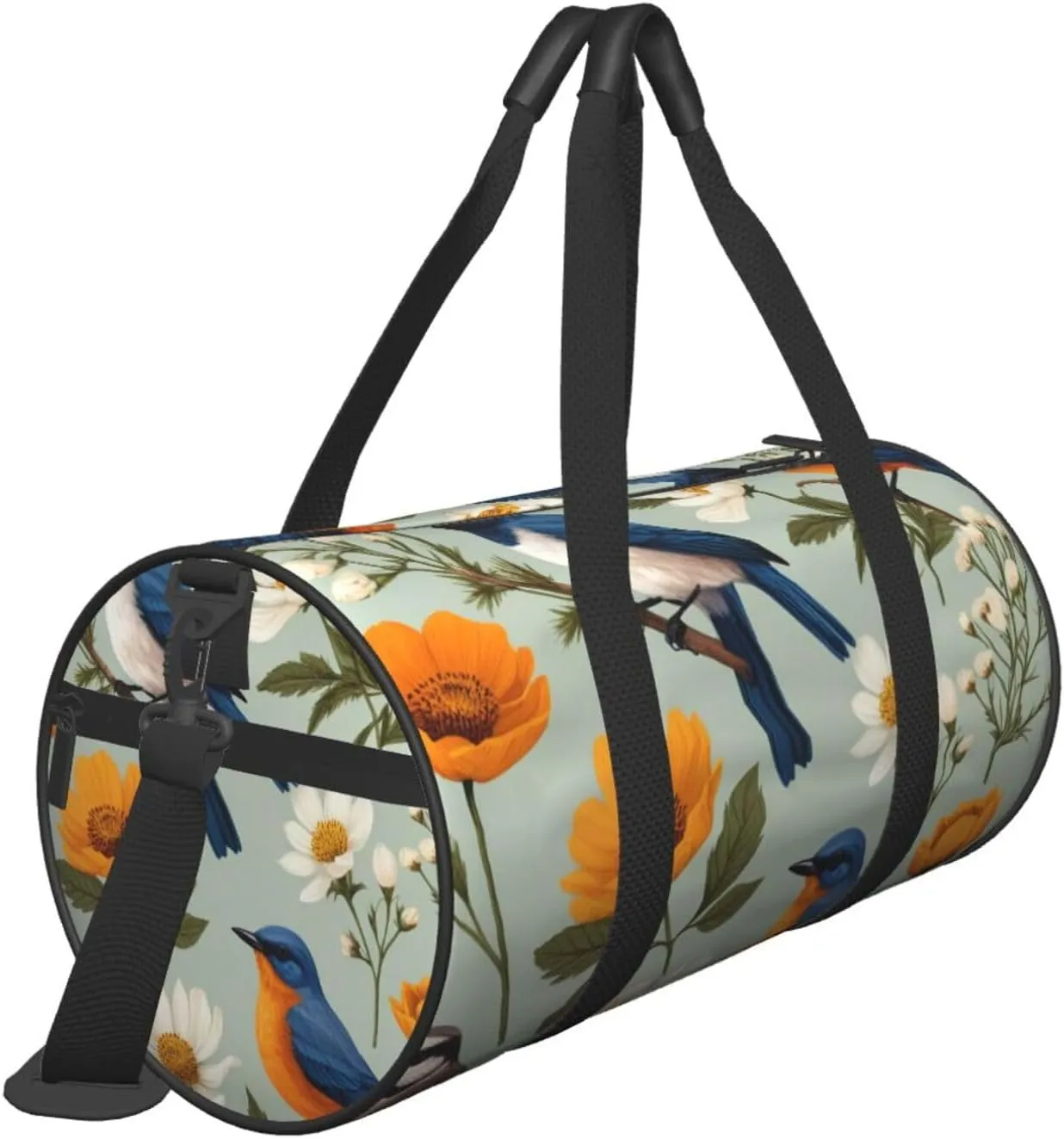 Garden Blossoming Wildflowers Birds Leaves Branches Printed Travel Bag,Round Personal Item Storage bag,Foldie Duffel Bag for Traveling Vacation,Fitness,Sports