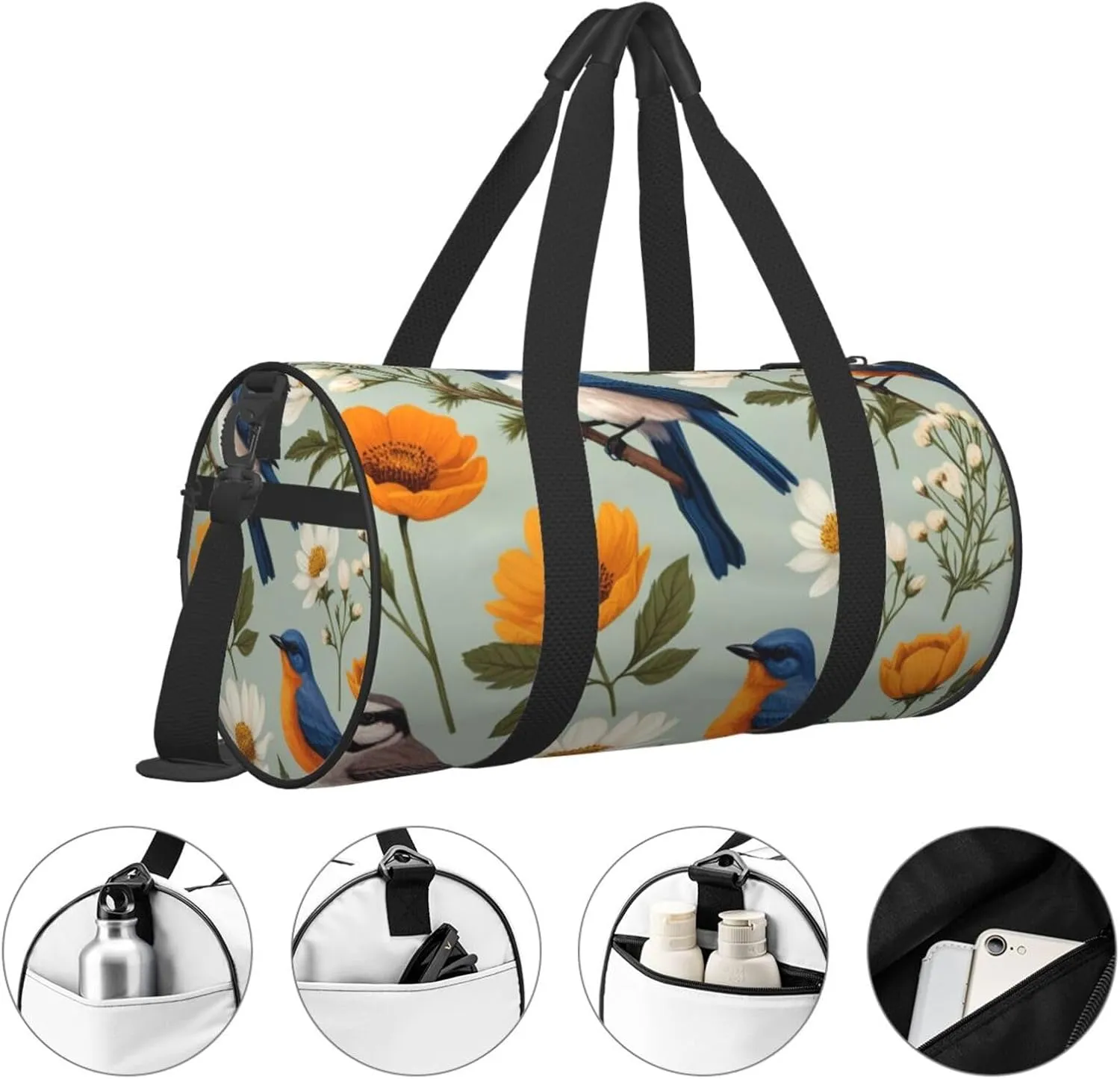 Garden Blossoming Wildflowers Birds Leaves Branches Printed Travel Bag,Round Personal Item Storage bag,Foldie Duffel Bag for Traveling Vacation,Fitness,Sports