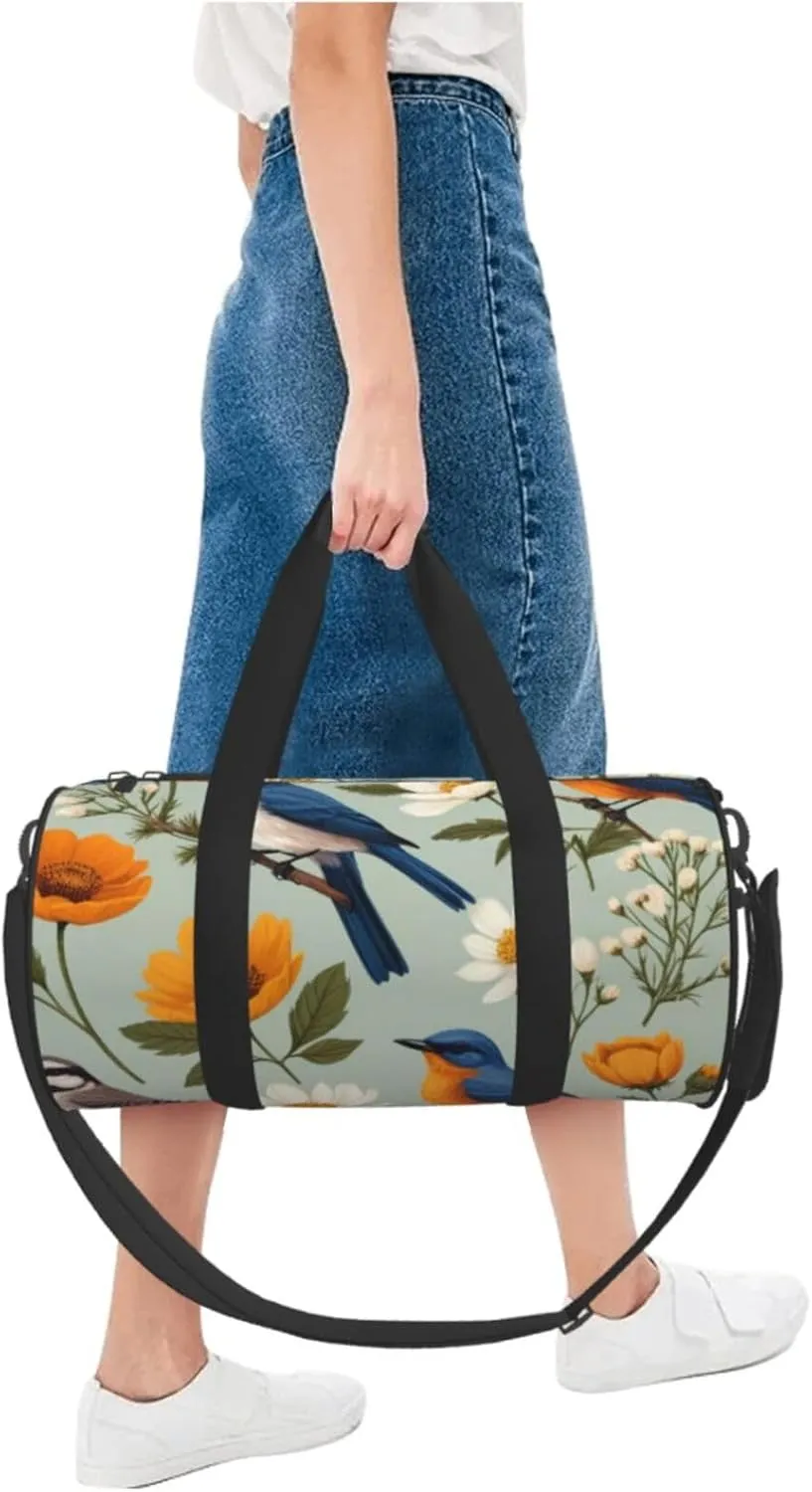 Garden Blossoming Wildflowers Birds Leaves Branches Printed Travel Bag,Round Personal Item Storage bag,Foldie Duffel Bag for Traveling Vacation,Fitness,Sports