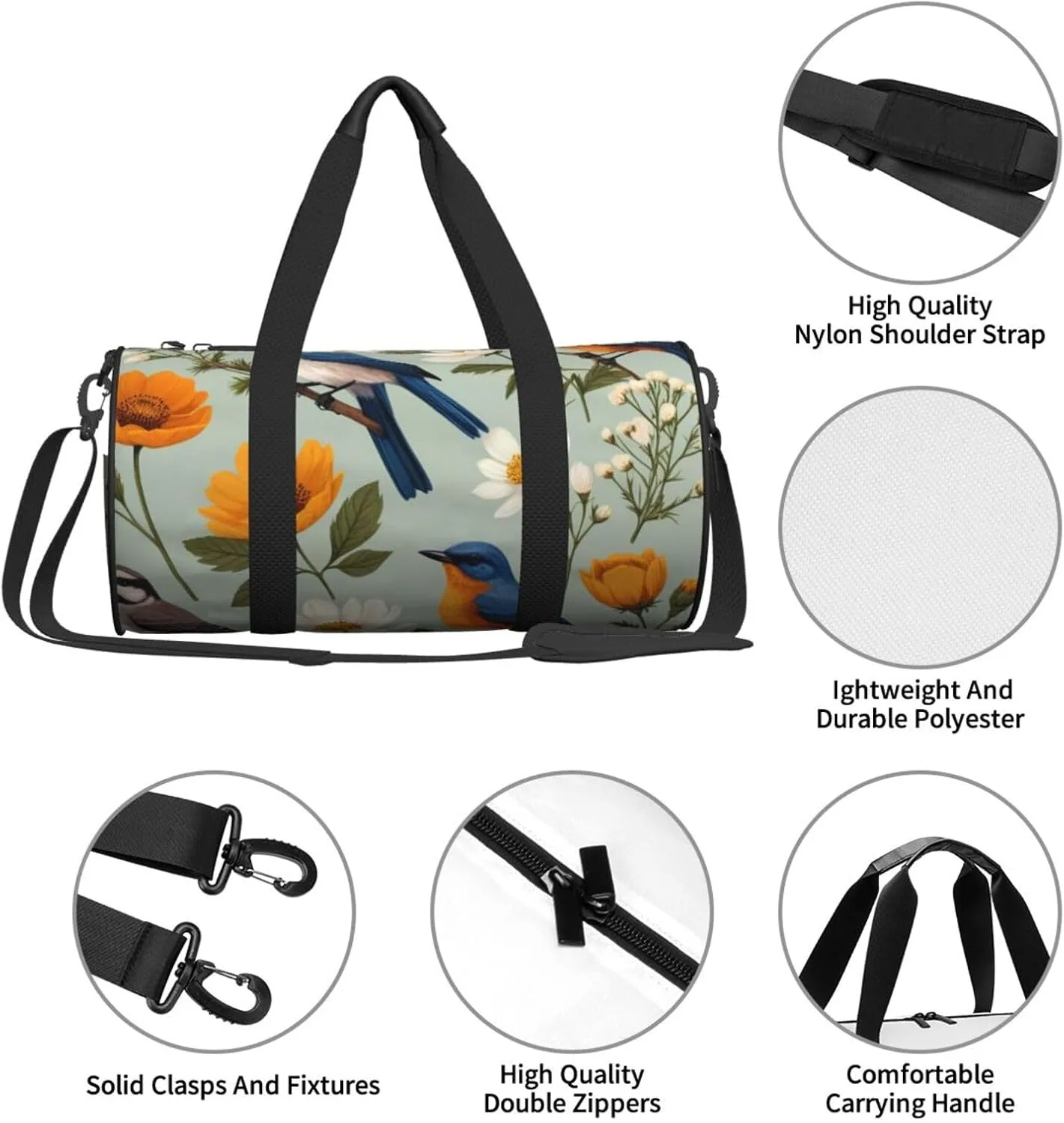 Garden Blossoming Wildflowers Birds Leaves Branches Printed Travel Bag,Round Personal Item Storage bag,Foldie Duffel Bag for Traveling Vacation,Fitness,Sports