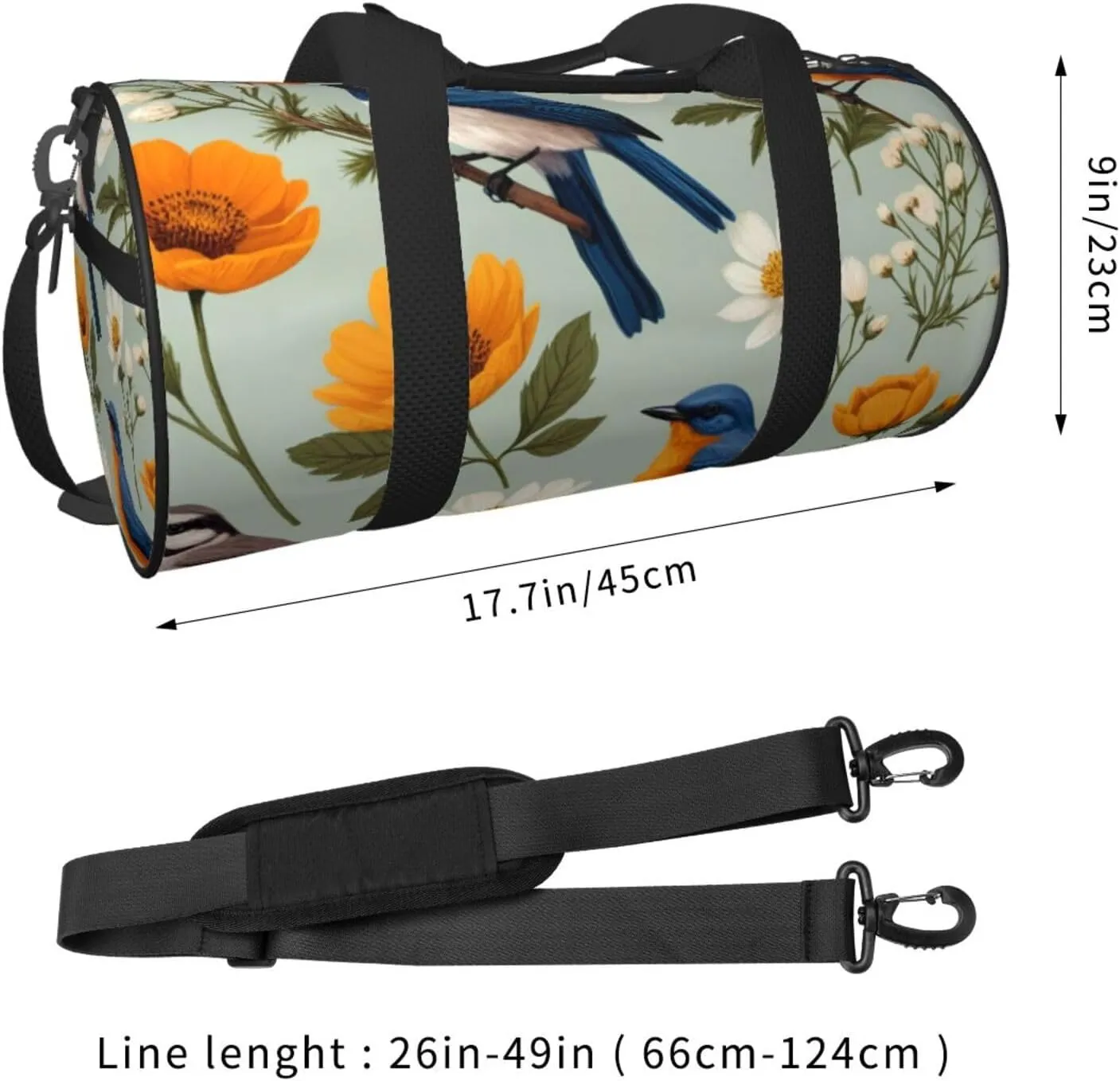 Garden Blossoming Wildflowers Birds Leaves Branches Printed Travel Bag,Round Personal Item Storage bag,Foldie Duffel Bag for Traveling Vacation,Fitness,Sports