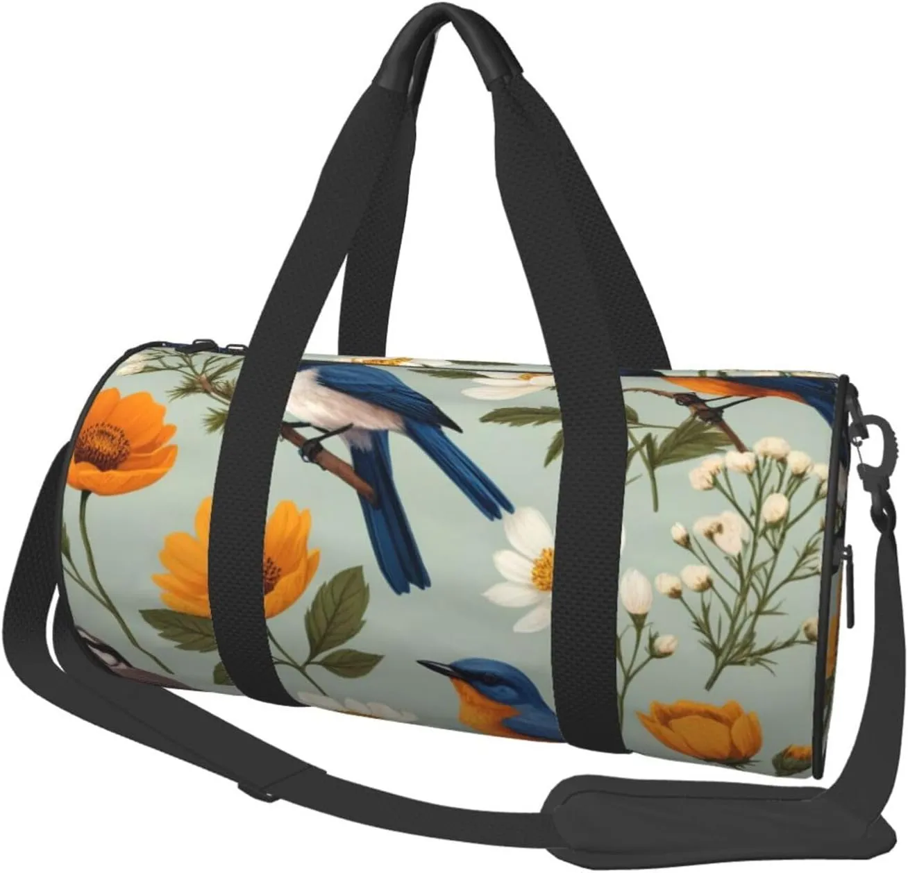 Garden Blossoming Wildflowers Birds Leaves Branches Printed Travel Bag,Round Personal Item Storage bag,Foldie Duffel Bag for Traveling Vacation,Fitness,Sports