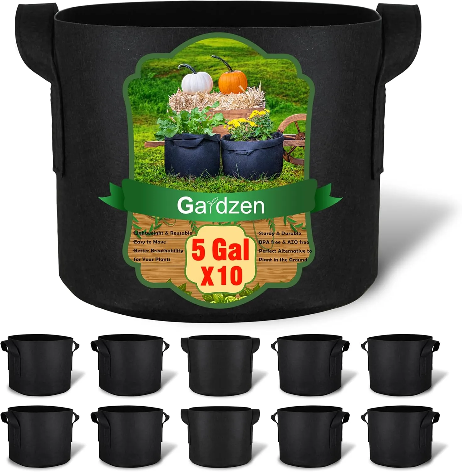 Gardzen 10-Pack 5 Gallon Grow Bags, 300G Thickened Aeration Fabric Pots with Handles, Heavy Duty Cloth Pots for Plants