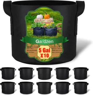 Gardzen 10-Pack 5 Gallon Grow Bags, 300G Thickened Aeration Fabric Pots with Handles, Heavy Duty Cloth Pots for Plants