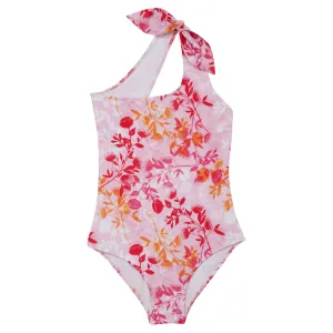 GIRL'S ONE PIECE ONE SHOULDER BOTANICAL PINK