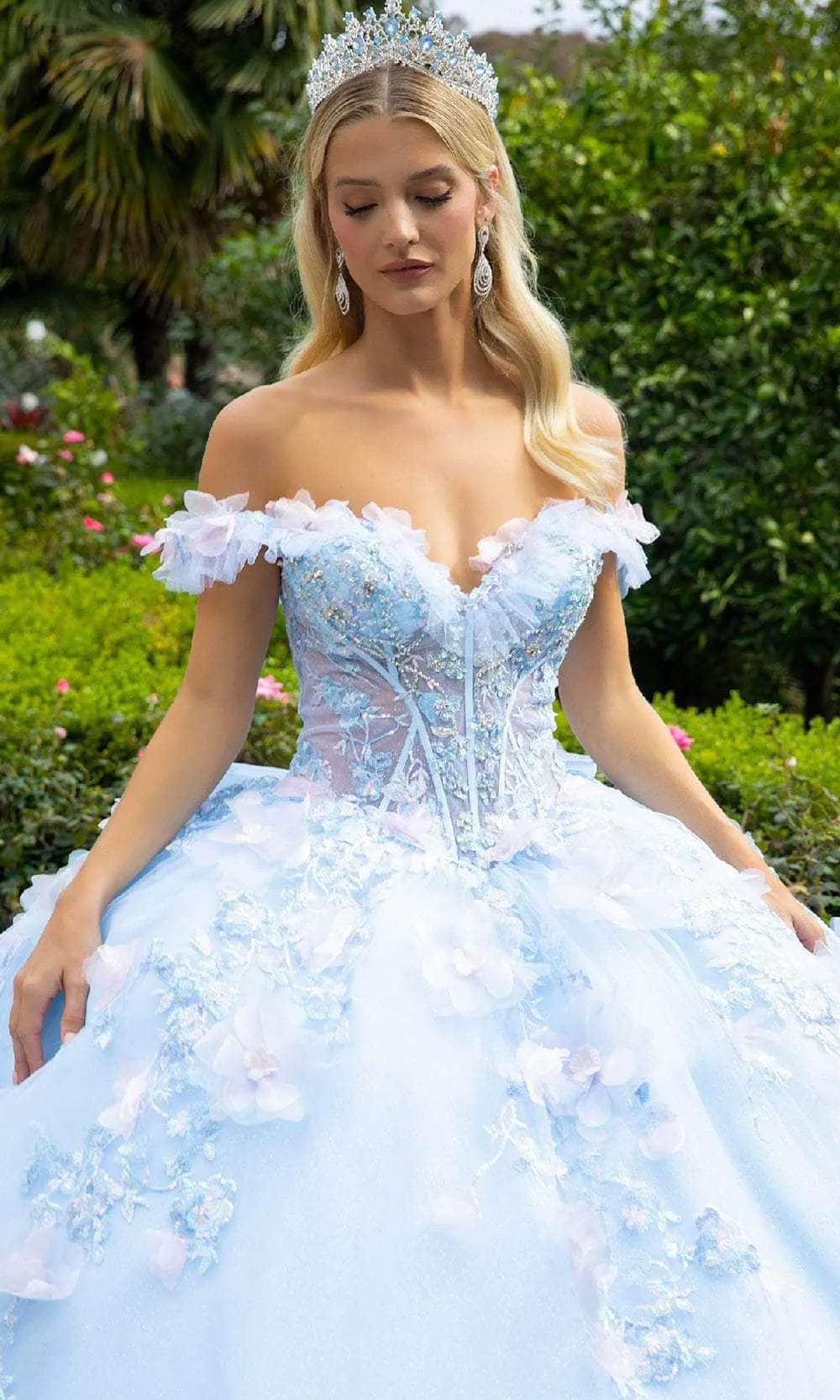 GLS by Gloria GL3555 - Floral Appliqued Off Shoulder V-Neck Ballgown