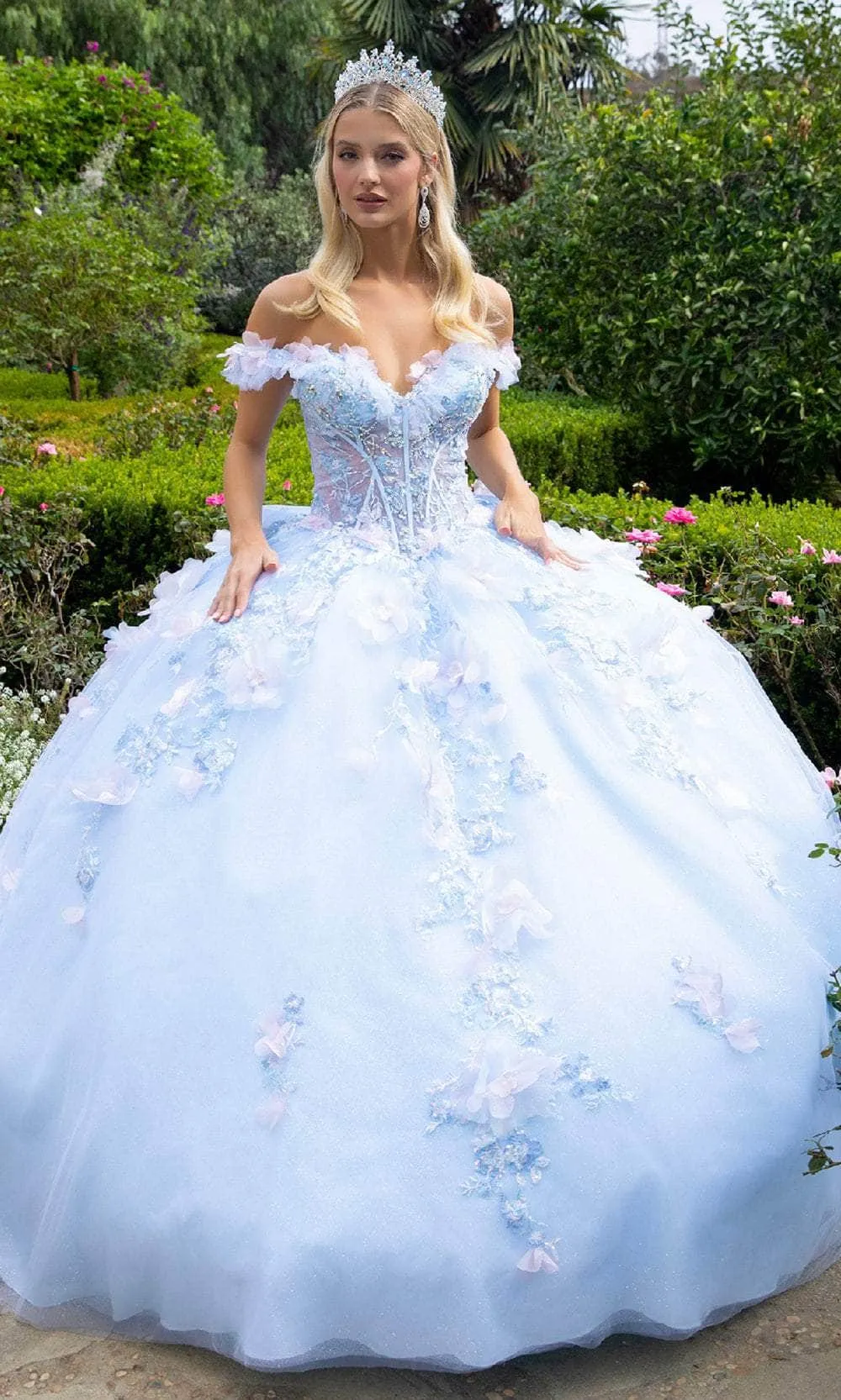 GLS by Gloria GL3555 - Floral Appliqued Off Shoulder V-Neck Ballgown
