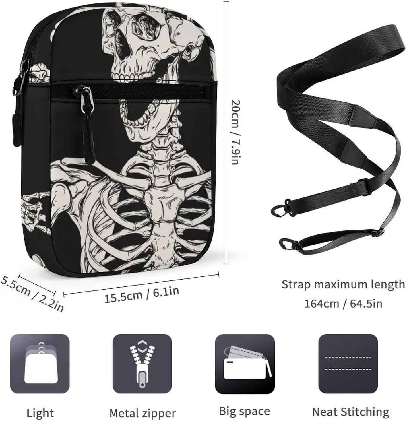 Gothic Skeleton Frame Detachable Shoulder Strap Small Shoulder Bag Unisex