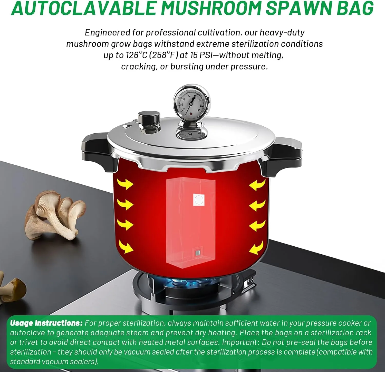 GREANER Mushroom Grow Bags 6 Mil, 8"x5"x20" Thick Autoclave Spawn Bags with Injection Port for Your Grain-25PCS